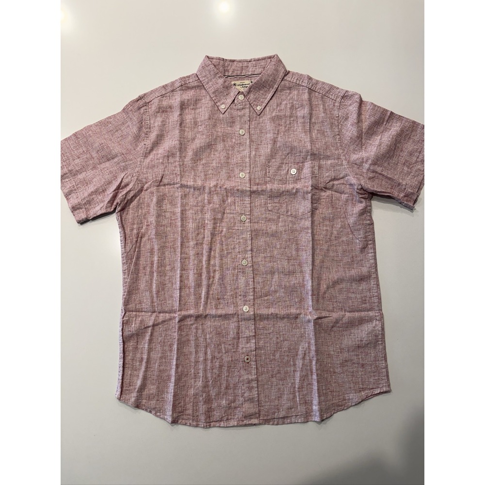 Weatherproof Vintage Men L Red Short Sleeve Button Down Shirt Linen Cotton